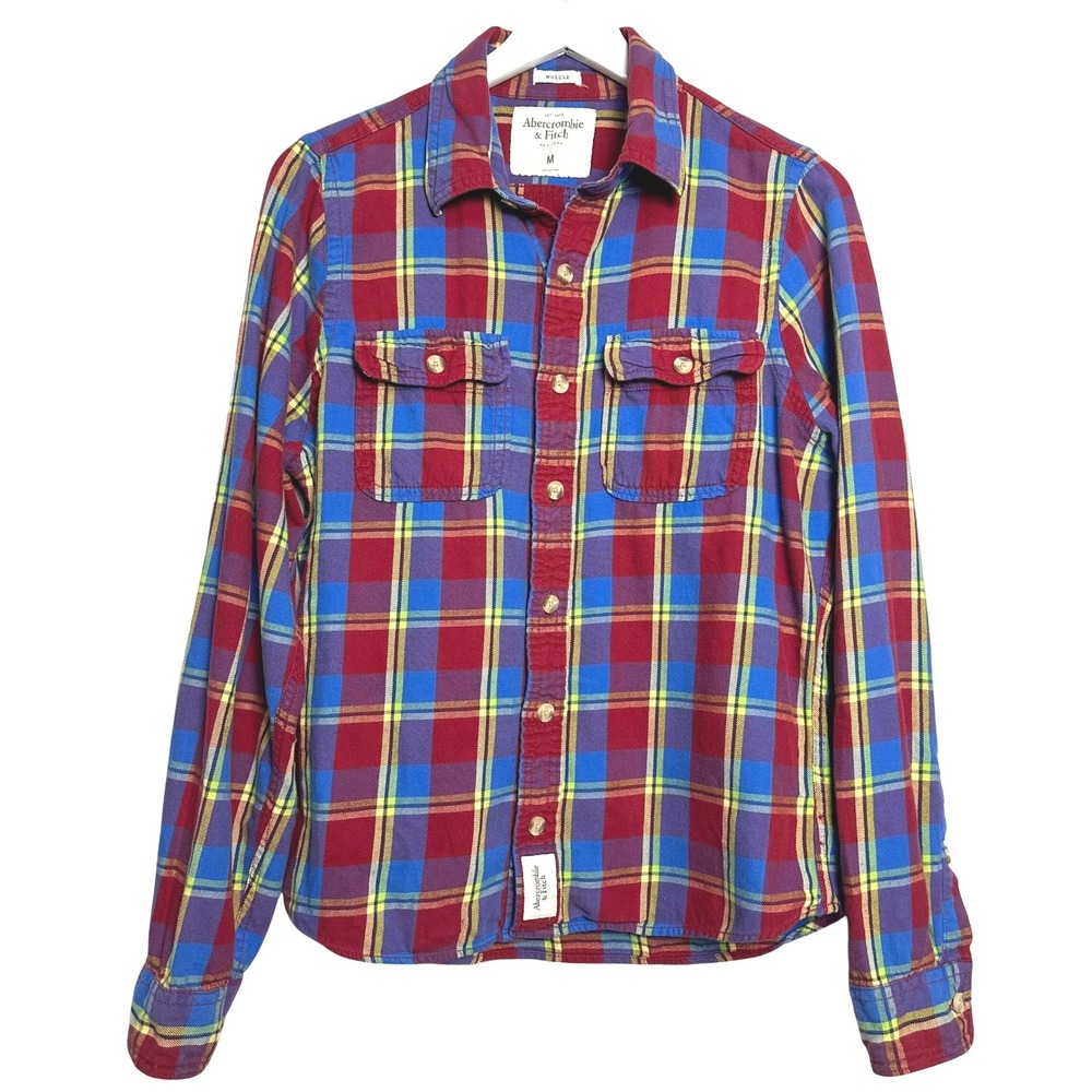 Abercrombie & Fitch Mens Muscle Fit Flannel Shirt Red Blue Plaid Button Down M